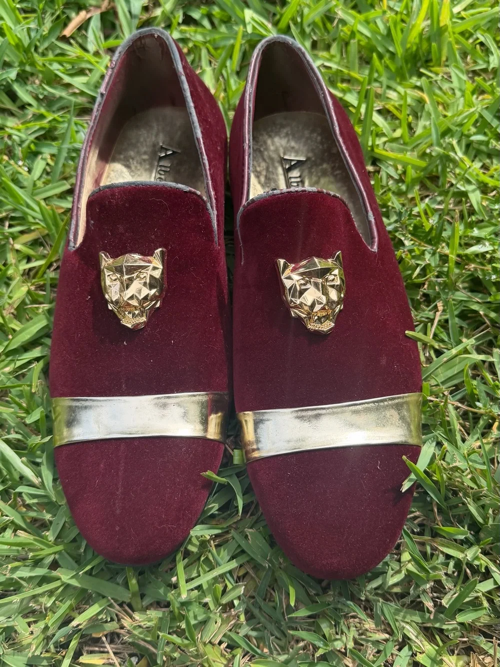 Men's Burgundy Velvet Slip-On Loafers with Gold Accent